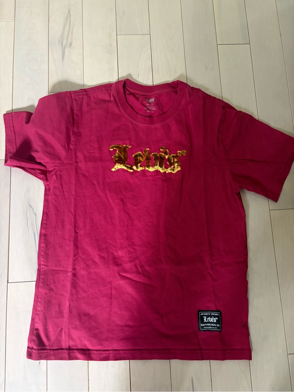 Levi's Red T-Shirt with Gold Script Logo